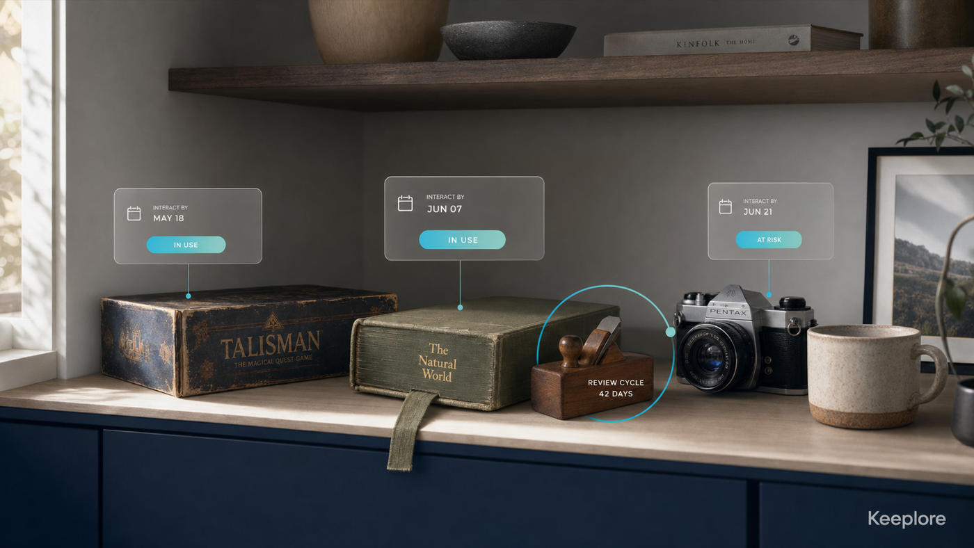 Keeplore — a quiet shelf of well-loved possessions with interact-by dates